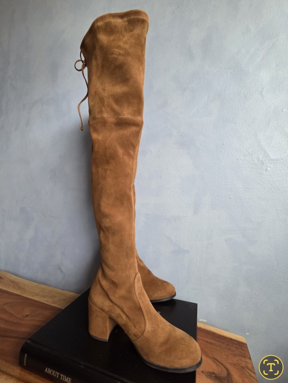 STUART WEITZMAN TIELAND BLOCK HEEL TAN STRETCH SUEDE BOOTS OTK, SIZE US 6.5 M